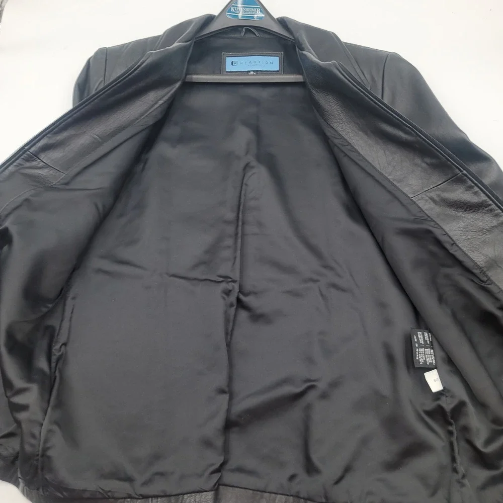 Kenneth Cole Reaction Mens Black Leather Full Zip Jacket XL Point Collar Lined